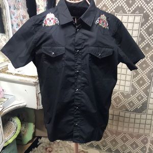 Retro Men’s Black Button Up with Sugar Skulls